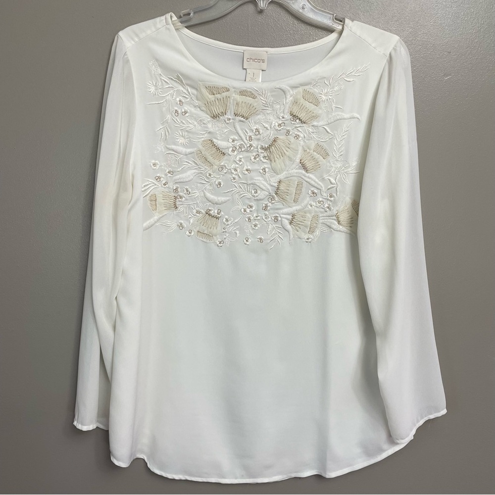Chico’s blouse women’s size Medium cream embroidered sheer tunic boho neutral